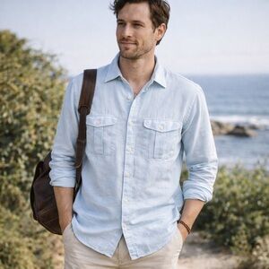 J. CREW Irish Linen Light Blue Men's Button Down Shirt Size Medium Summer Casual